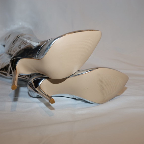 New FSJ Silver Metallic Pointed Toe Over The Knee Stiletto Boots Size 8 - Picture 8 of 11
